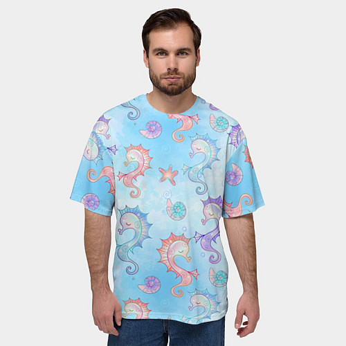 Мужская футболка оверсайз Морские коньки - паттерн / 3D-принт – фото 3