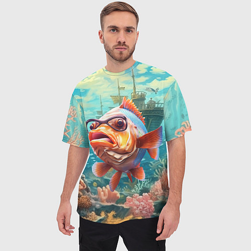 Мужская футболка оверсайз Рыбка в озере / 3D-принт – фото 3