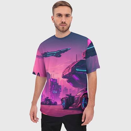 Мужская футболка оверсайз Киберпанк в лиловом цвете / 3D-принт – фото 3
