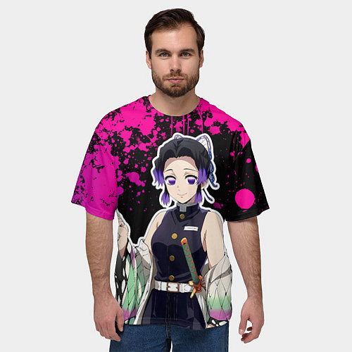 Мужская футболка оверсайз Шинобу кочо - неоновые брызги / 3D-принт – фото 3