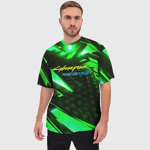Мужская футболка оверсайз Cyberpunk 2077 phantom liberty neon green / 3D-принт – фото 3
