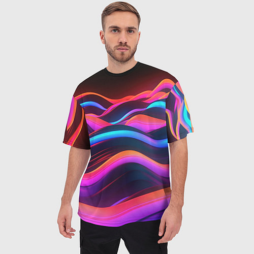 Мужская футболка оверсайз Неоновые фиолетовые волны / 3D-принт – фото 3