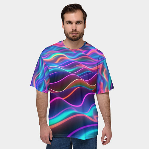 Мужская футболка оверсайз Синие и фиолетовые волны / 3D-принт – фото 3
