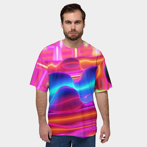 Мужская футболка оверсайз Неоновые объемные волны / 3D-принт – фото 3