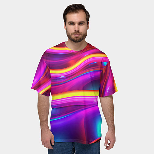 Мужская футболка оверсайз Неоновые светящиеся волны / 3D-принт – фото 3