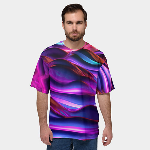Мужская футболка оверсайз Неоновые синие и фиолетовые волны / 3D-принт – фото 3