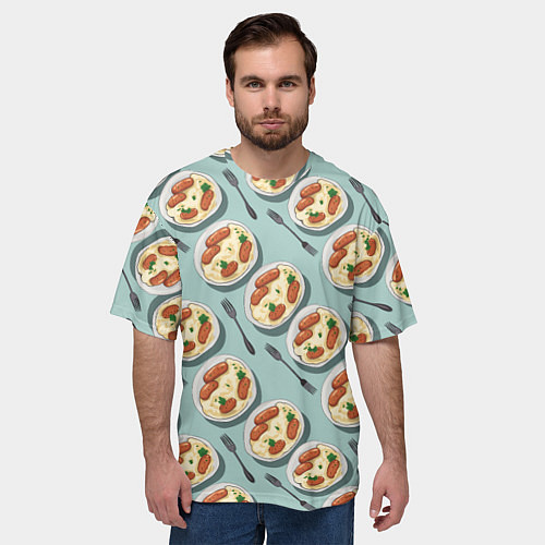 Мужская футболка оверсайз Пюрешка с сосисками / 3D-принт – фото 3