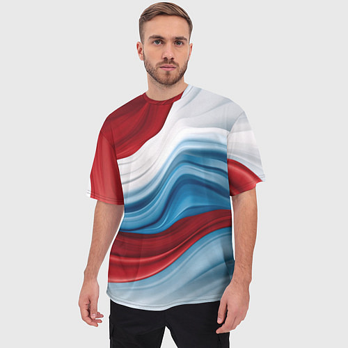 Мужская футболка оверсайз Белые синие красные волны / 3D-принт – фото 3