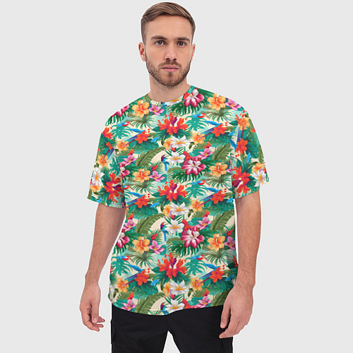 Мужская футболка оверсайз Яркие гавайские цветы / 3D-принт – фото 3