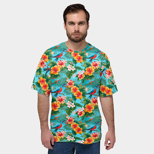 Мужская футболка оверсайз Яркие гавайские цветочки / 3D-принт – фото 3