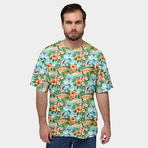 Мужская футболка оверсайз Цветочный гавайский паттерн / 3D-принт – фото 3