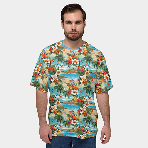 Мужская футболка оверсайз Гавайский остров и цветы / 3D-принт – фото 3