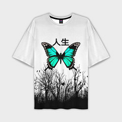 Мужская футболка оверсайз С бабочкой на фоне японского иероглифа