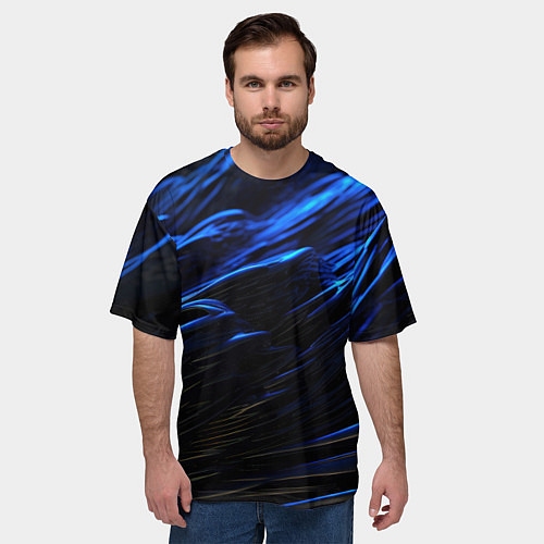 Мужская футболка оверсайз Черные синие волны абстракция / 3D-принт – фото 3