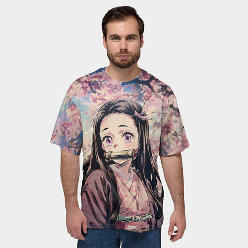 Мужская футболка оверсайз Портрет Нэдзуко Камадо с Сакурой / 3D-принт – фото 3