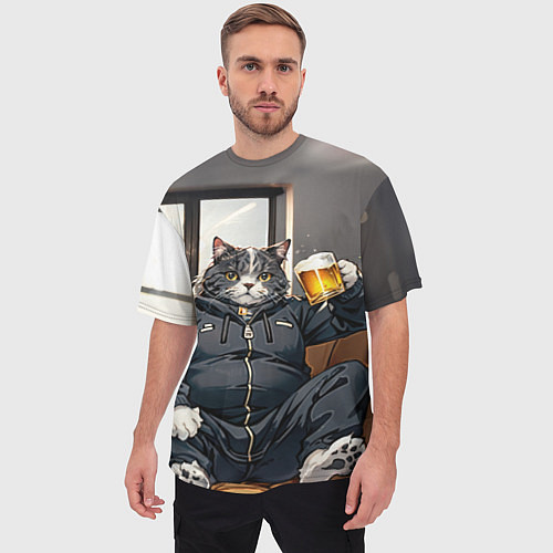 Мужская футболка оверсайз Толстый кот со стаканом пива / 3D-принт – фото 3