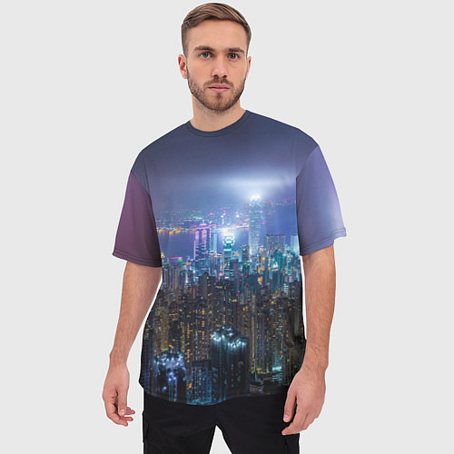 Мужская футболка оверсайз Большой город в розово-голубых огнях / 3D-принт – фото 3