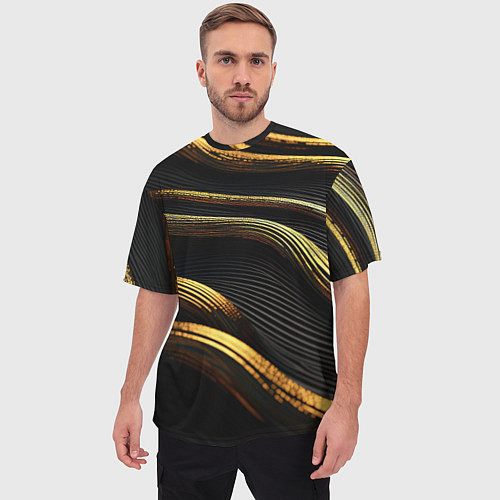 Мужская футболка оверсайз Золотистые волны абстракция / 3D-принт – фото 3