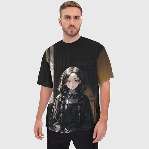 Мужская футболка оверсайз Готическая девушка в темной комнате / 3D-принт – фото 3