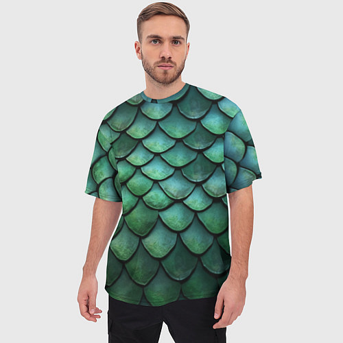 Мужская футболка оверсайз Чешуя зелёного дракона / 3D-принт – фото 3