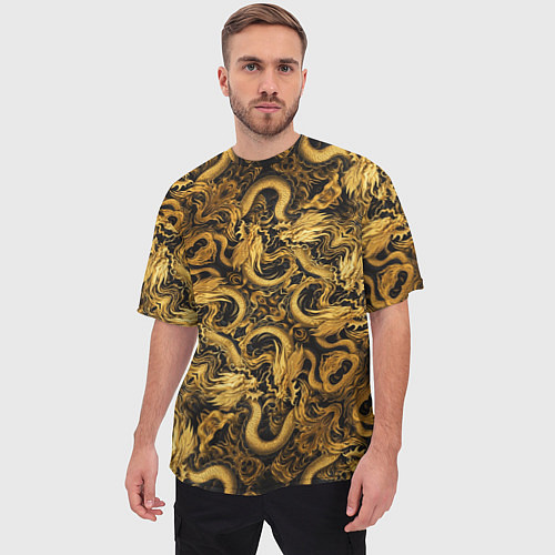 Мужская футболка оверсайз Золотые китайские драконы / 3D-принт – фото 3