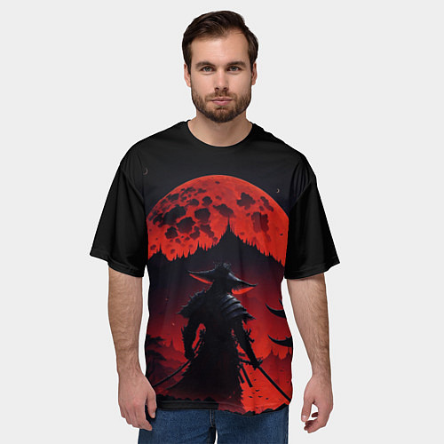 Мужская футболка оверсайз Самурай, деревня и луна - мрачный / 3D-принт – фото 3