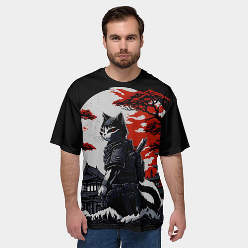 Мужская футболка оверсайз Котик ниндзя - мрачный / 3D-принт – фото 3