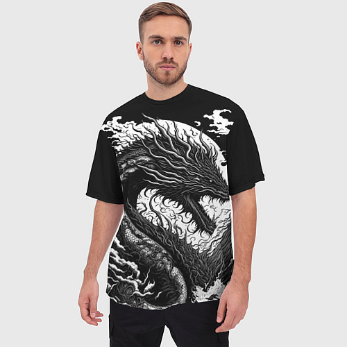 Мужская футболка оверсайз Черно-белый дракон и волны / 3D-принт – фото 3