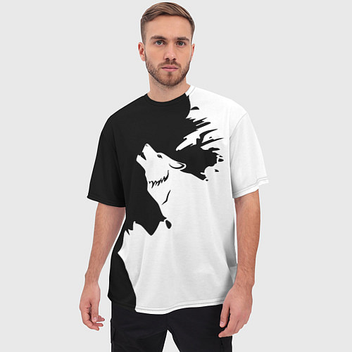Мужская футболка оверсайз Волчий вой в горах / 3D-принт – фото 3