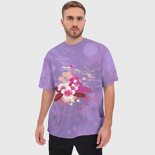 Мужская футболка оверсайз Розовая гитара и цветочный орнамент / 3D-принт – фото 3