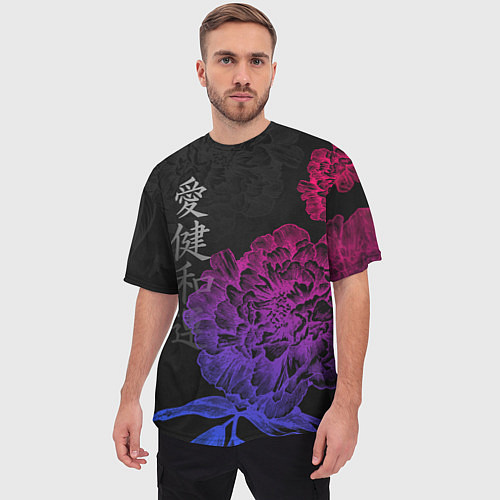 Мужская футболка оверсайз Neon flowers - japanese art / 3D-принт – фото 3