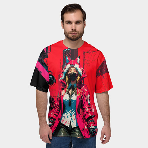 Мужская футболка оверсайз Девушка-лиса кицунэ / 3D-принт – фото 3