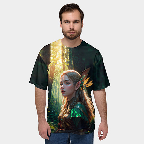Мужская футболка оверсайз Эльфийка в утреннем лесу / 3D-принт – фото 3