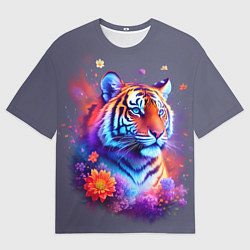 Футболка оверсайз мужская Тигр и краски - нейросеть, цвет: 3D-принт