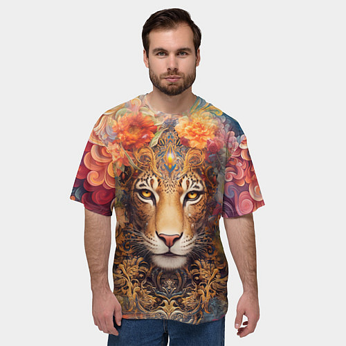 Мужская футболка оверсайз Леопард в тропиках / 3D-принт – фото 3