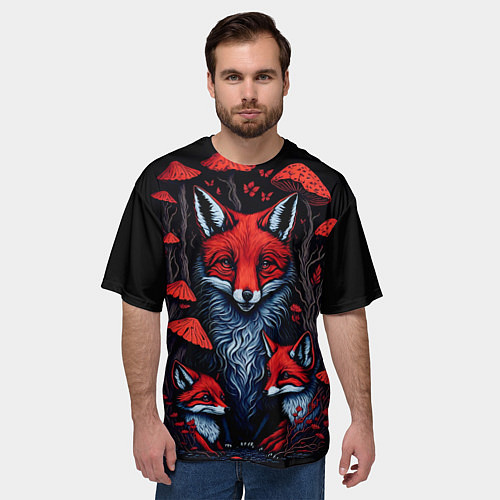 Мужская футболка оверсайз Красный лис и грибы / 3D-принт – фото 3