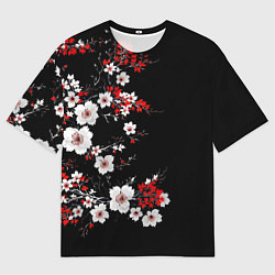 Мужская футболка оверсайз Белая и красная сакура - цветение