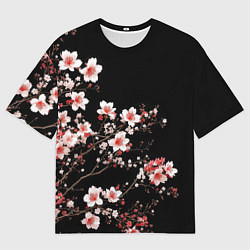 Футболка оверсайз мужская Цветущая сакура - белые и красные, цвет: 3D-принт