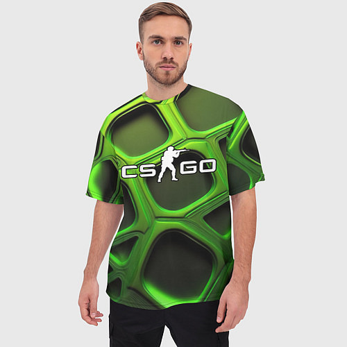 Мужская футболка оверсайз CS GO объемные зеленые соты / 3D-принт – фото 3