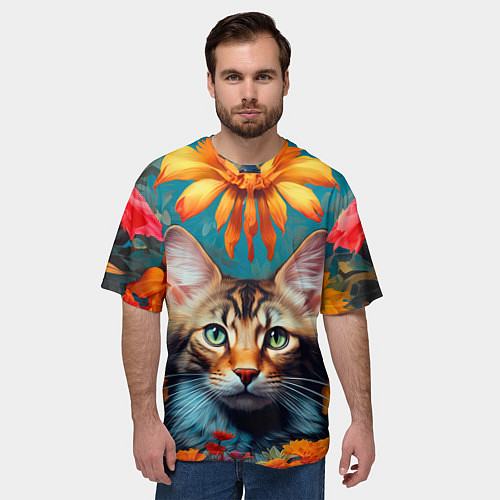 Мужская футболка оверсайз Дикая кошка в цветах / 3D-принт – фото 3