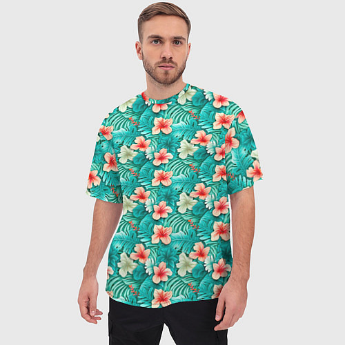 Мужская футболка оверсайз Летние цветочки паттерн / 3D-принт – фото 3