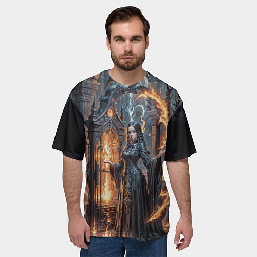 Мужская футболка оверсайз Готическая ведьма и огонь в подземелье / 3D-принт – фото 3