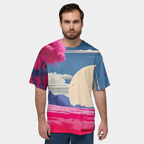 Мужская футболка оверсайз Самурай в поле на закате / 3D-принт – фото 3