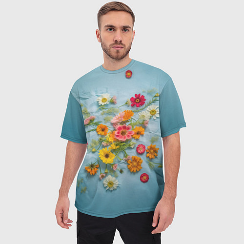 Мужская футболка оверсайз Букет полевых цветов на ткани / 3D-принт – фото 3