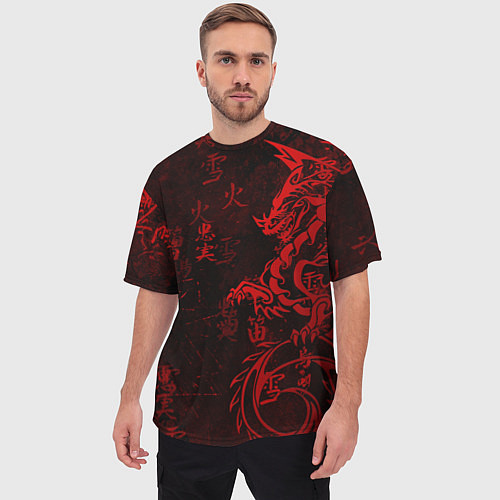 Мужская футболка оверсайз Красный дракон - иероглифы / 3D-принт – фото 3