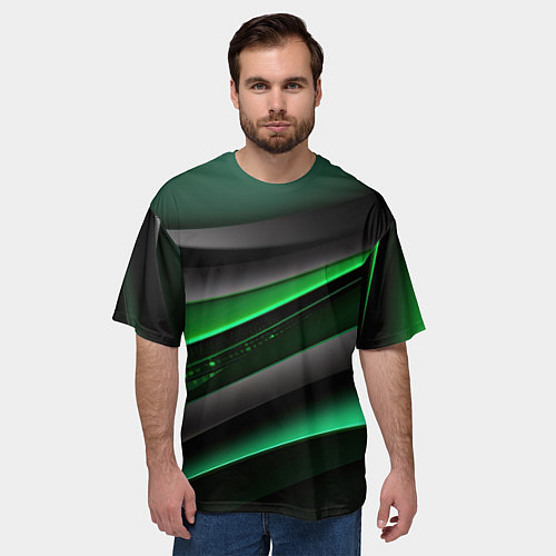 Мужская футболка оверсайз Black green line / 3D-принт – фото 3
