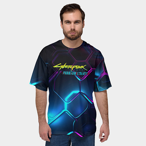 Мужская футболка оверсайз Neon cyberpunk logo / 3D-принт – фото 3