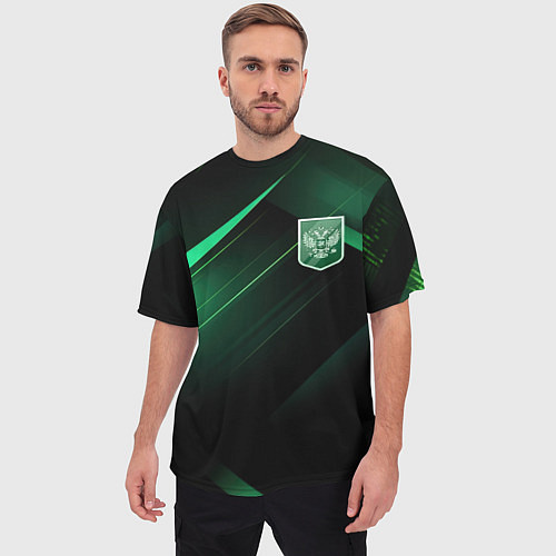 Мужская футболка оверсайз Герб РФ зеленый черный фон / 3D-принт – фото 3