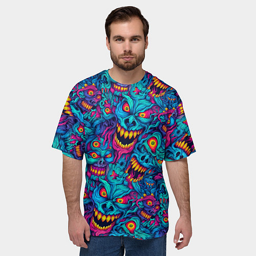 Мужская футболка оверсайз Неоновые монстры - graffiti art style pattern / 3D-принт – фото 3