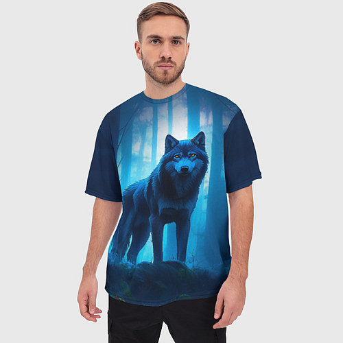 Мужская футболка оверсайз Волк в ночном лесу / 3D-принт – фото 3